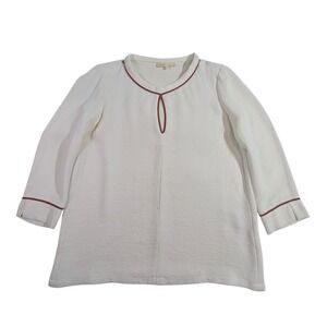 Maje White Textured Tunic Top with Burgundy Trim Keyhole Neck Size 2 READ‎
